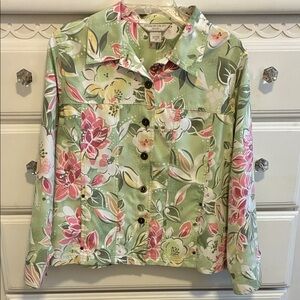 ALLISON DALEY PETITE Button Up Green and Pink Floral Jacket- Size 12P